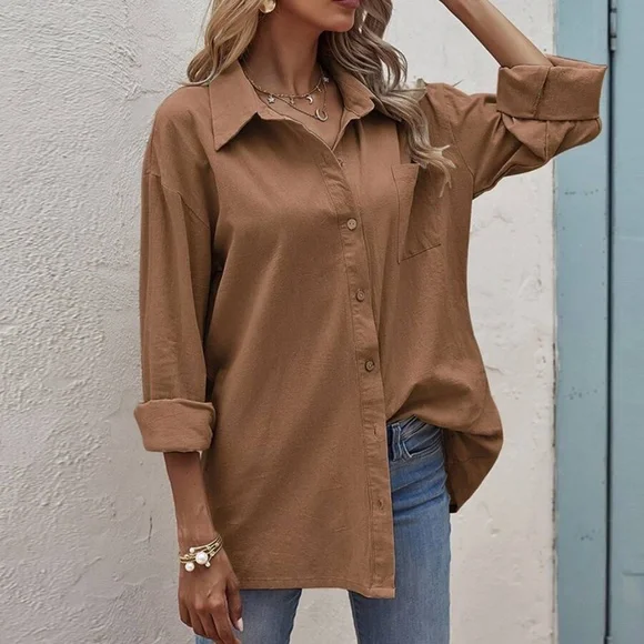 Classic Mocha Brown Button up Oversized Boyfriend Top - Picture 1 of 12